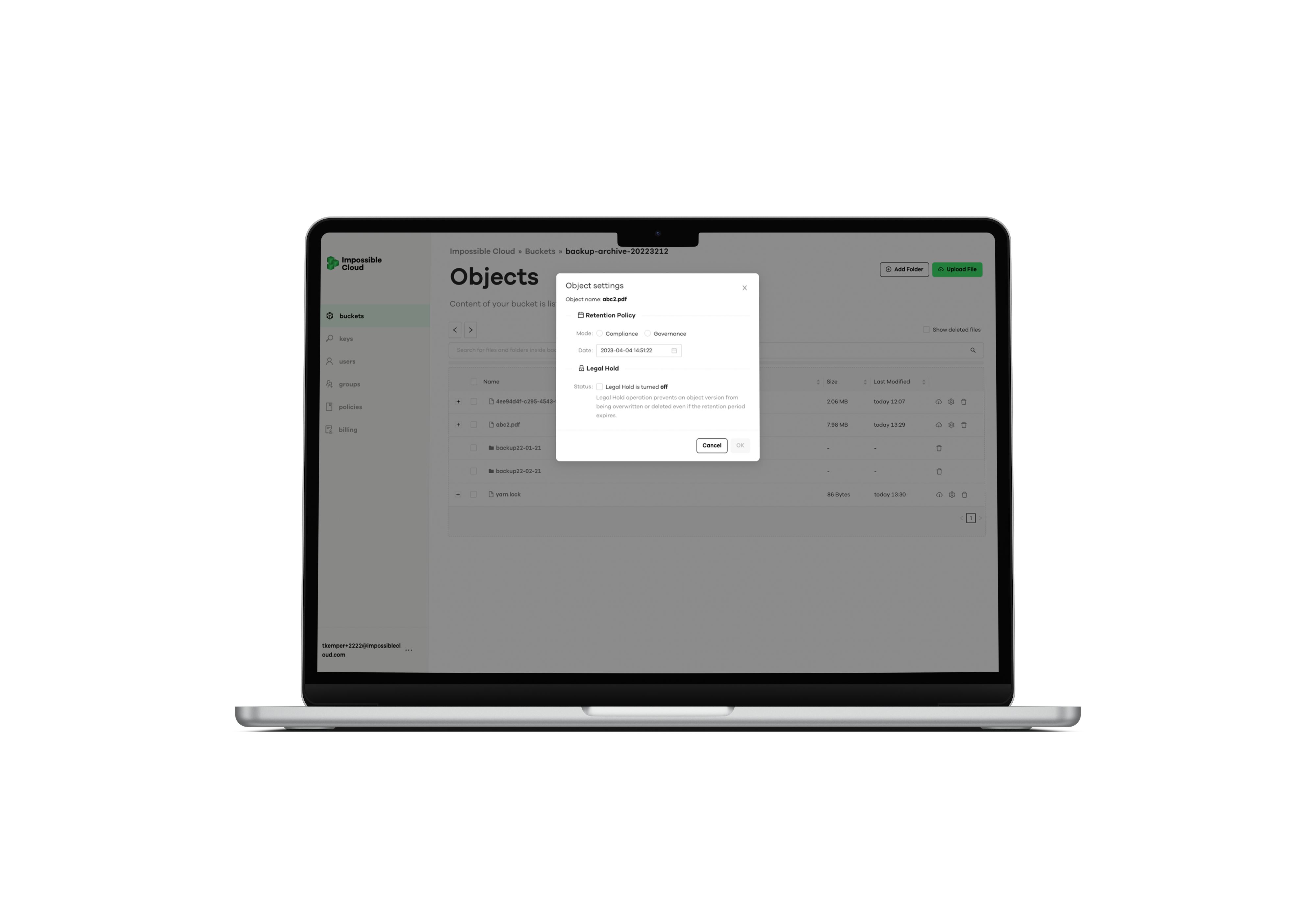 screenshot of Impossible Cloud Storage